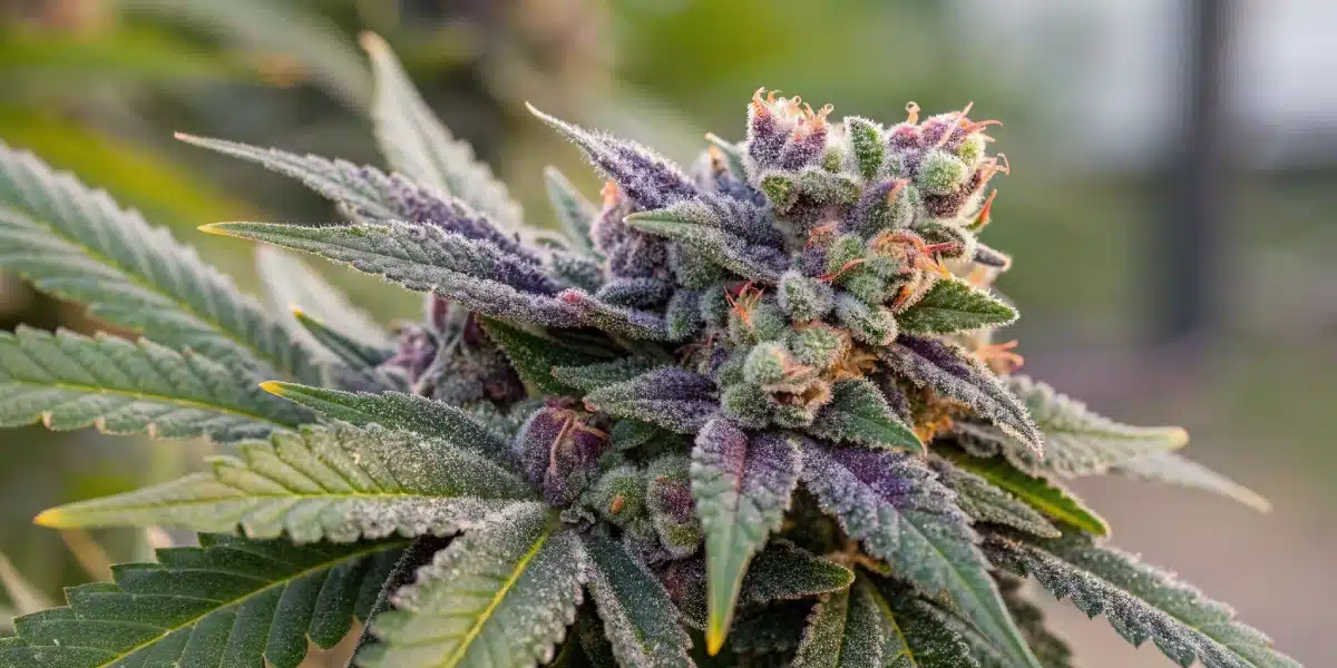 Blueberry Badazz weed strain growing indoors with dense, resinous buds, vibrant green leaves, and reflective grow tent walls under bright lighting