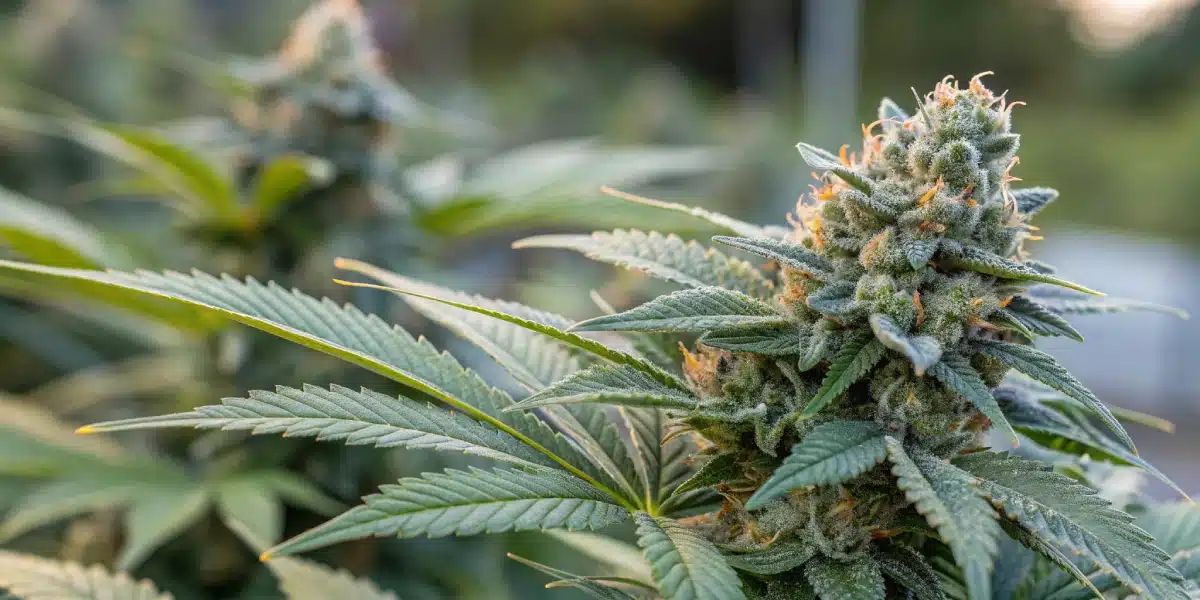 Close-up of Blueberry Lemon Haze Auto cannabis flower outdoors, covered in trichomes, with vibrant green leaves and orange pistils