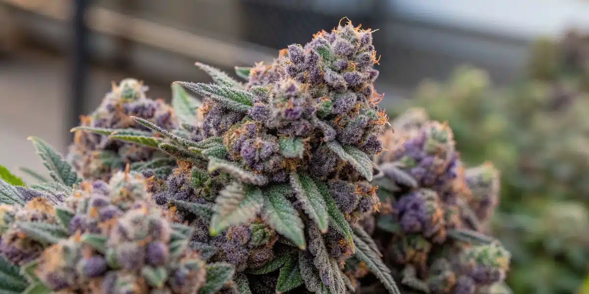 Close-up of Blueberry OG Kush cannabis flower with dense purple and green buds, covered in trichomes and orange pistils, growing outdoors