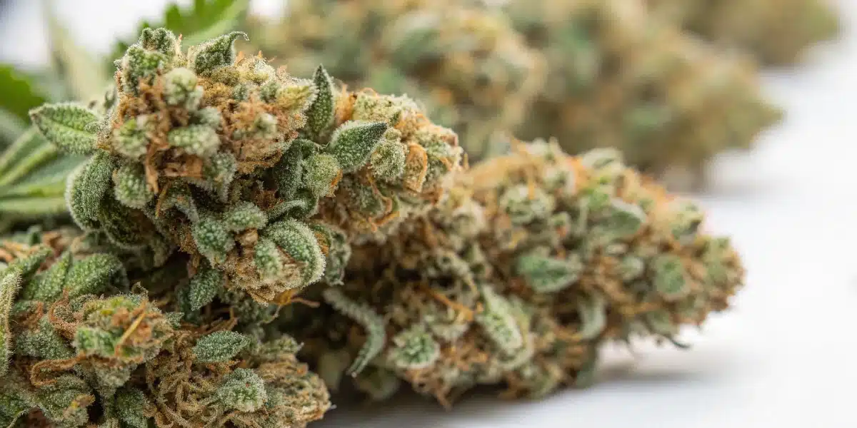 Close-up of Bruce Banner 3 FV cannabis buds, covered in trichomes, with a mix of green and orange hues, freshly harvested and curing