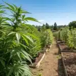 Bruce Banner Carmen cannabis plants in an outdoor grow setup, with tall, bushy growth under natural sunlight in raised garden beds
