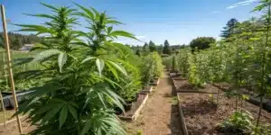 Bruce Banner Carmen cannabis plants in an outdoor grow setup, with tall, bushy growth under natural sunlight in raised garden beds