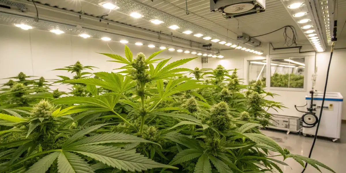 Thriving Cheese Lemon Regular Strain plants in a high-tech indoor grow room, with dense buds under bright LED lighting