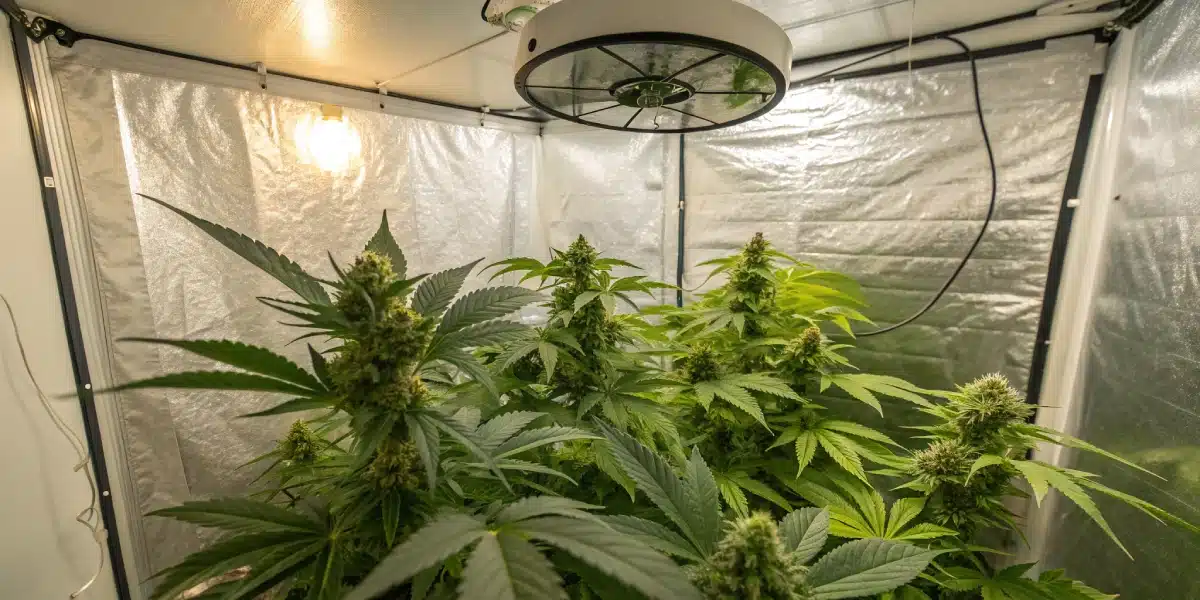Cookie Kush CBD cannabis plants growing indoors in a reflective grow tent with LED lighting, healthy green foliage, and resinous buds