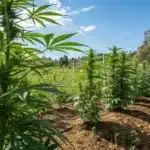 Outdoor cannabis farm with Critical 47 Strain plants in rows, growing under natural sunlight with visible trellis support