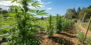 Outdoor cannabis farm with Critical 47 Strain plants in rows, growing under natural sunlight with visible trellis support