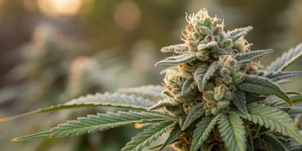 Close-up of Chemdawg 4 CBD cannabis flower covered in frosty trichomes, with deep green leaves and orange pistils under natural sunlight