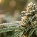 Close-up of Chemdawg 4 CBD cannabis flower covered in frosty trichomes, with deep green leaves and orange pistils under natural sunlight