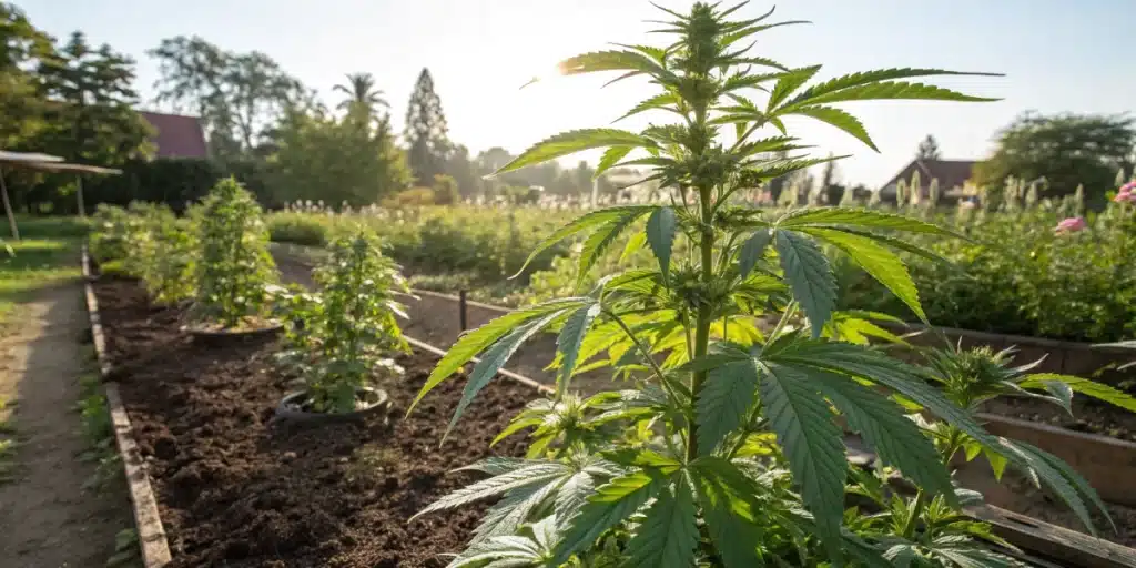 Lush Jack Herer CBD cannabis plants growing outdoors in rich soil, bathed in sunlight, with green foliage and developing buds