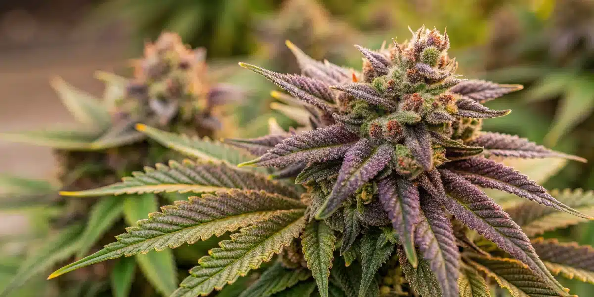 Vibrant Kush CBD cannabis plant with purple-tinged leaves and thick, resinous buds, thriving in an outdoor cultivation setting