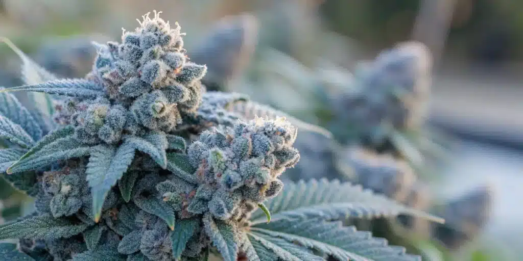 Close-up of a Blue Haze cannabis bud covered in frosty trichomes, with dark green leaves and a blurred background of additional flowering plants.