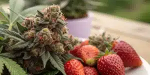 Mature Strawberry Cake Strain CBD bud with resin-coated leaves, surrounded by ripe strawberries, highlighting its sweet and fruity terpene profile