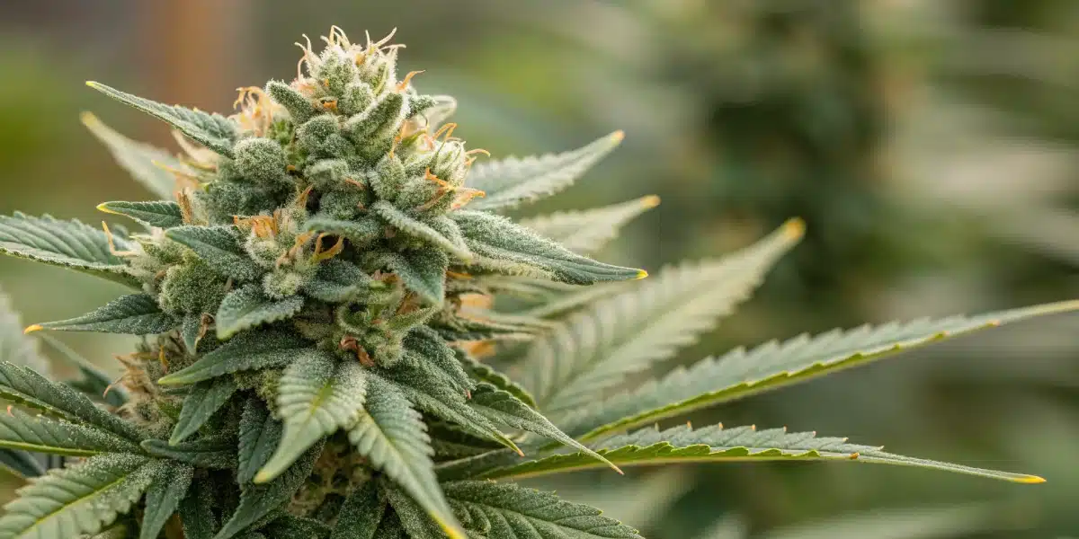 Cheese Cream CBD cannabis plant with frosty buds and lush green leaves, growing in an outdoor setup under natural sunlight