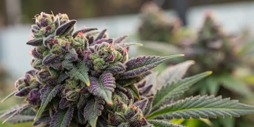 Close-up of a Blackberry Kush bud with deep purple hues, frosty trichomes, and bright orange pistils, set against a blurred background