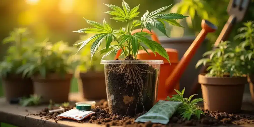 A thriving cannabis plant with visible roots inside a clear container, showing the importance of soil and nutrients for growing marijuana in pots outdoors.