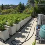 Outdoor Hydroponics setup with organized components and thriving cannabis plants in natural sunlight.