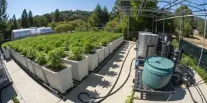 Outdoor Hydroponics setup with organized components and thriving cannabis plants in natural sunlight.
