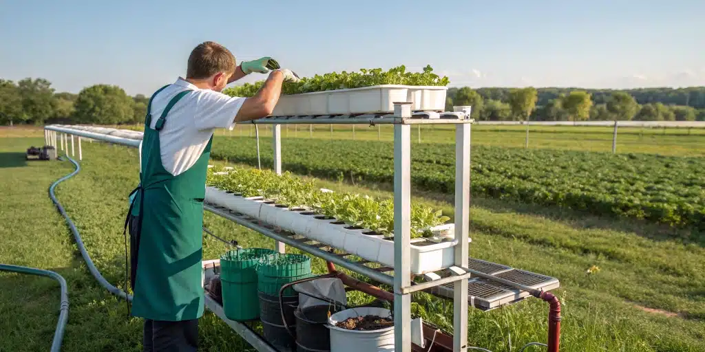 Grower fine-tuning an Outdoor Hydroponics system in a spacious, naturally lit cannabis field.
