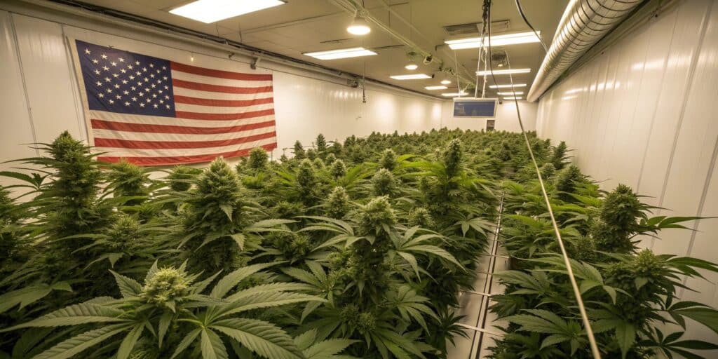 Large indoor cannabis grow room with lush green plants under bright LED lights, featuring an American flag on the white walls.