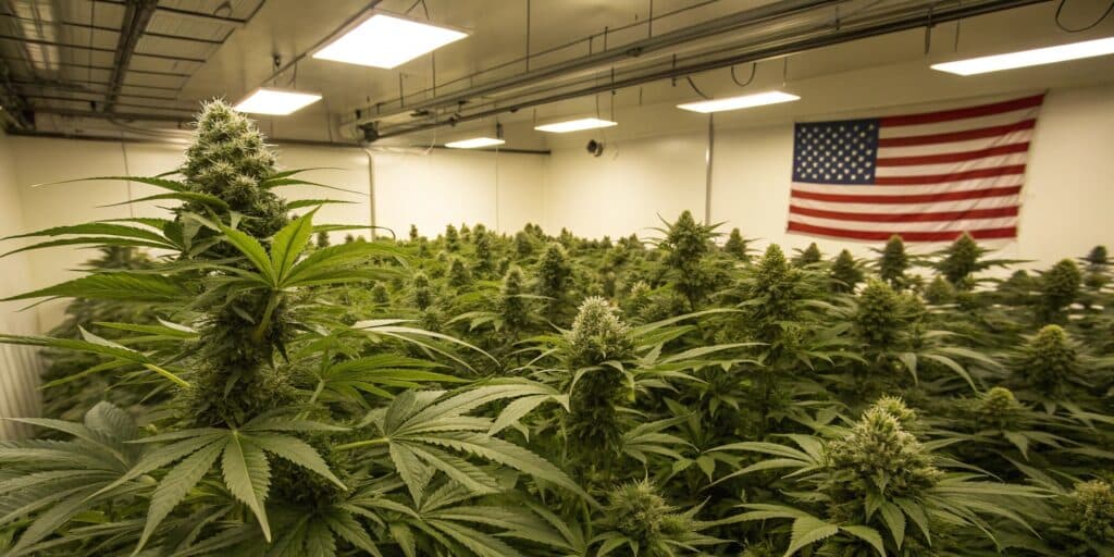 A thriving indoor cannabis farm with dense green plants, bright overhead grow lights, and an American flag in the background.