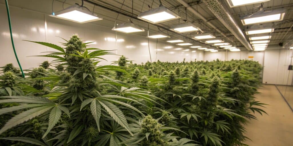 A professional indoor cannabis cultivation setup with lush green plants under powerful LED grow lights, featuring an American flag.