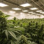 A professional indoor cannabis cultivation setup with lush green plants under powerful LED grow lights, featuring an American flag.