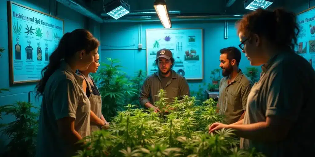 A group of people learning about cannabis cultivation in an indoor growing facility under LED lights. The best outdoor fertilizer for weed helps maximize plant health and bud production.