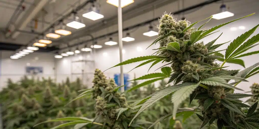 Close-up of potent indoor cannabis buds with abundant trichomes in a controlled growing environment.