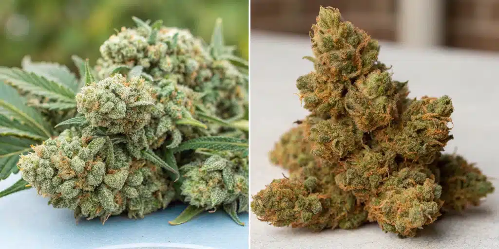 Comparison of indoor and outdoor cannabis buds highlighting higher resin density in indoor plants.