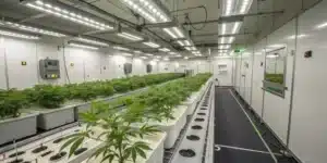 Indoor cannabis grow room with advanced lighting and optimized nutrient management for stronger potency