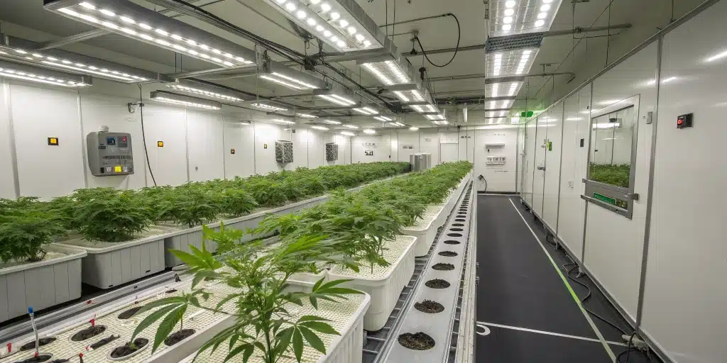 Indoor cannabis grow room with advanced lighting and optimized nutrient management for stronger potency