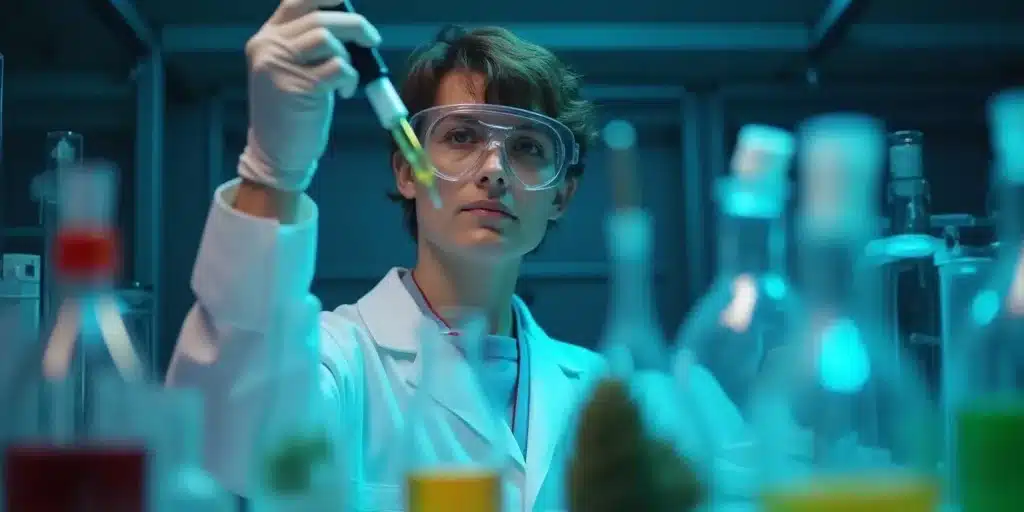 Scientist analyzing alkaloids in cannabis in a laboratory setting.