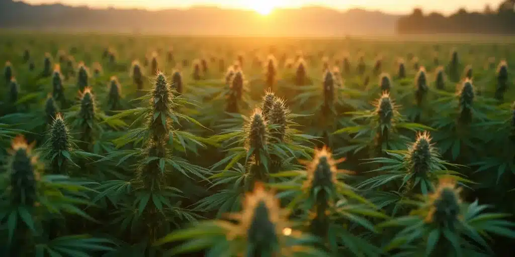 Wide field of cannabis plants under sunset used for phytoremediation.