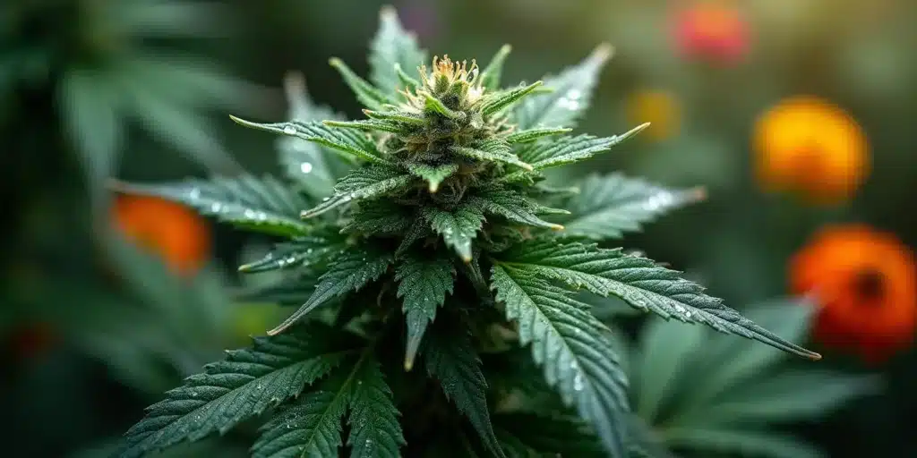 Close-up of an outdoor cannabis plant flowering too early.