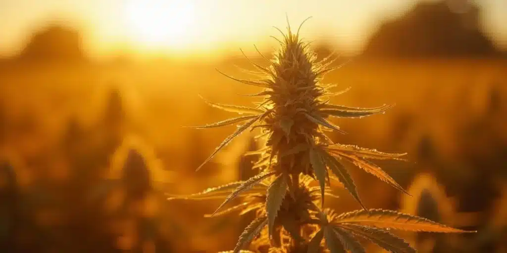 Close-up of a dry farmed cannabis cola backlit by warm sunset light.