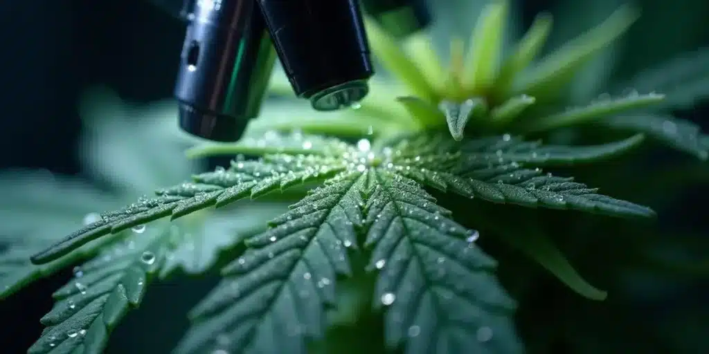 Microscope focused on cannabis leaf surface for alkaloid detection.