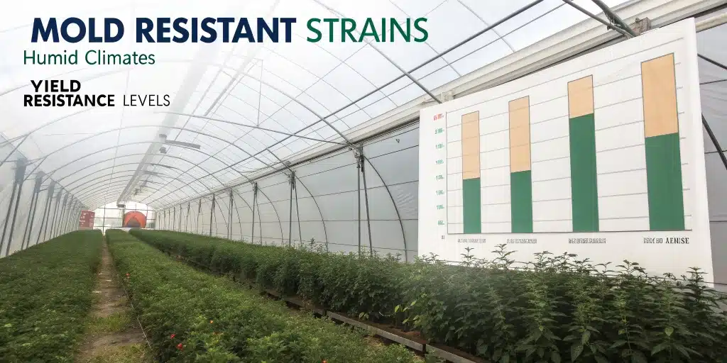 Infographic comparing best mold resistant strains to grow outdoors with humidity performance data.