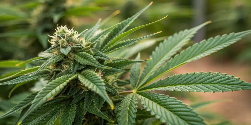 Close-up of a mold resistant cannabis plant with robust leaves and dense trichomes.