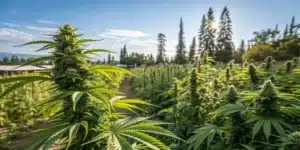 Outdoor cannabis garden with best mold resistant strains thriving in humid conditions