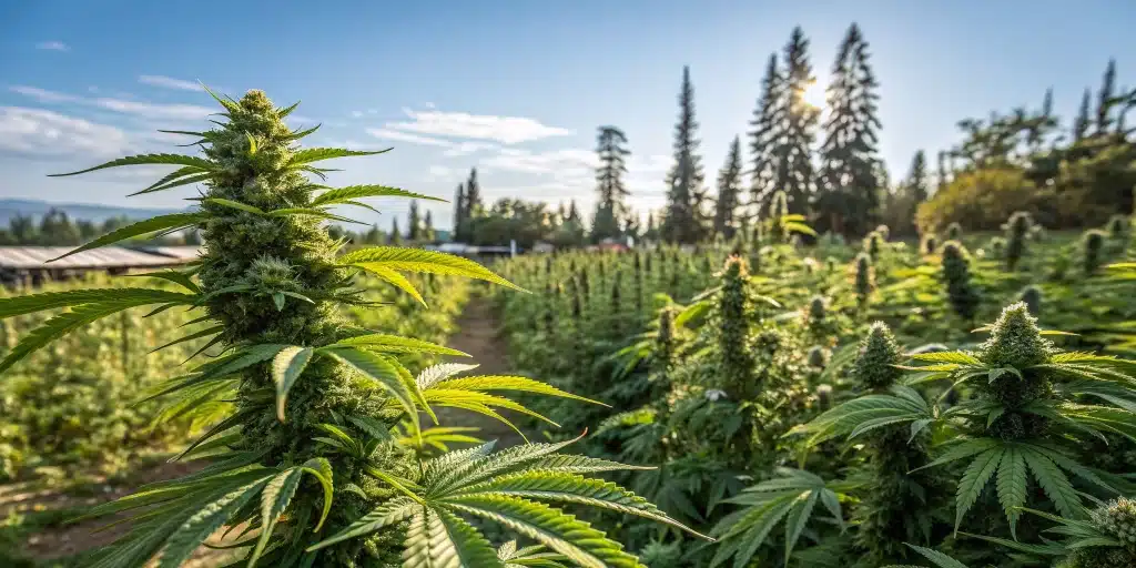 Outdoor cannabis garden with best mold resistant strains thriving in humid conditions