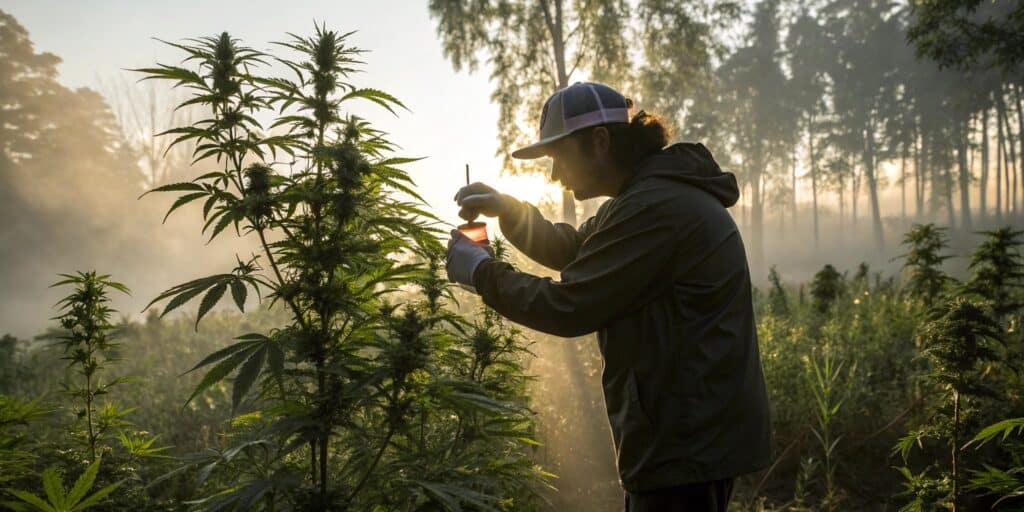 Cannabis farmer taking plant sap samples at dawn for nutritional assessment.