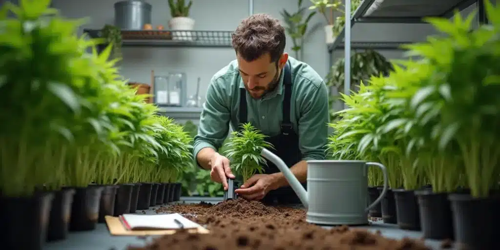 Male gardener in an apron tending to a small cannabis plant with a tool, surrounded by rows of potted plants, with a watering can nearby.