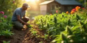 Grower tending to outdoor cannabis plants using natural fertilizers.