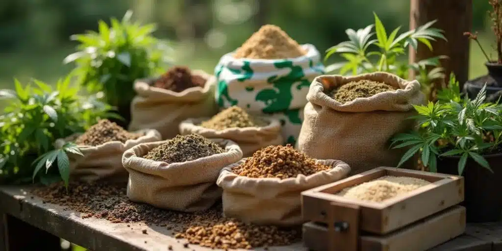 Various organic fertilizers and soil amendments in burlap sacks on a wooden table, essential for enriching soil and boosting outdoor cannabis plant health.