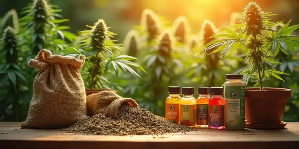 A wooden table with organic fertilizers, liquid nutrients, and compost, surrounded by flowering cannabis plants.