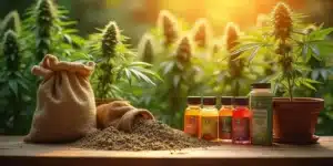 A wooden table with organic fertilizers, liquid nutrients, and compost, surrounded by flowering cannabis plants.