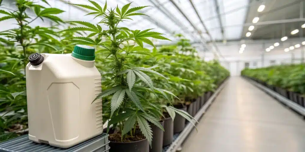 Synthetic fertilizer bottle alongside healthy cannabis plants in a greenhouse.