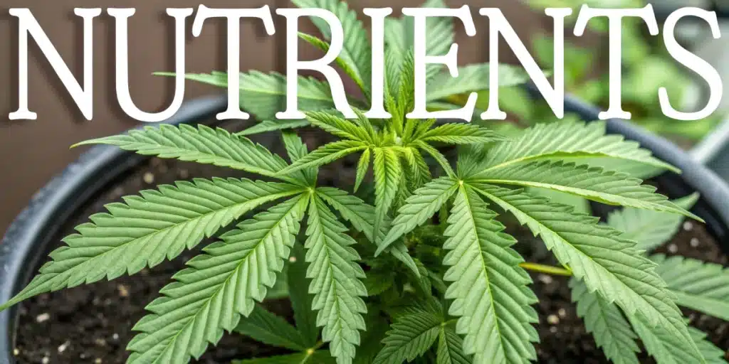 cannabis plant in pot with nutrient-rich leaves under the word nutrients