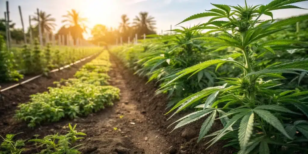 outdoor cannabis farm at sunset with nutrient-fed plants in rows