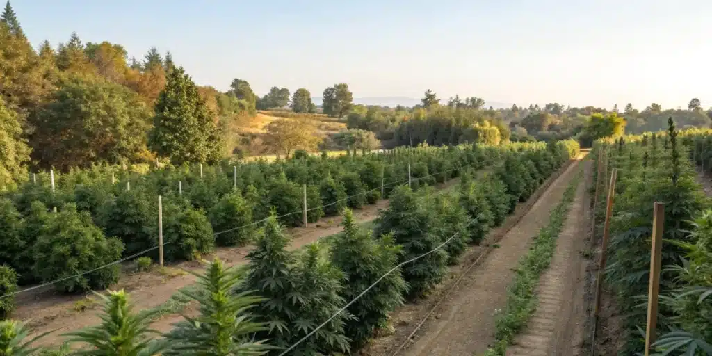 Outdoor cannabis garden demonstrating odor control for outdoor grow with natural windbreaks.